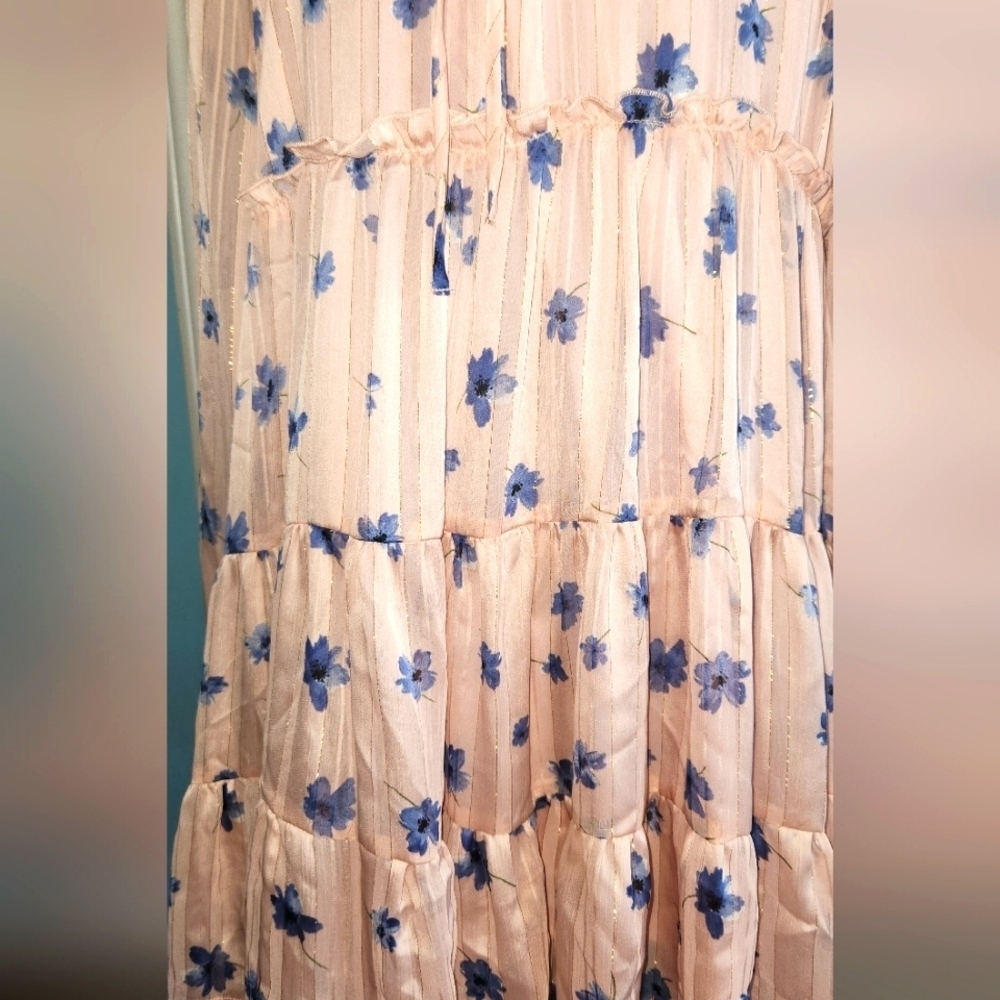 Altar'd State Small Light Pink Blue Floral Mini Dress with Gold Detail - Picture 3 of 12